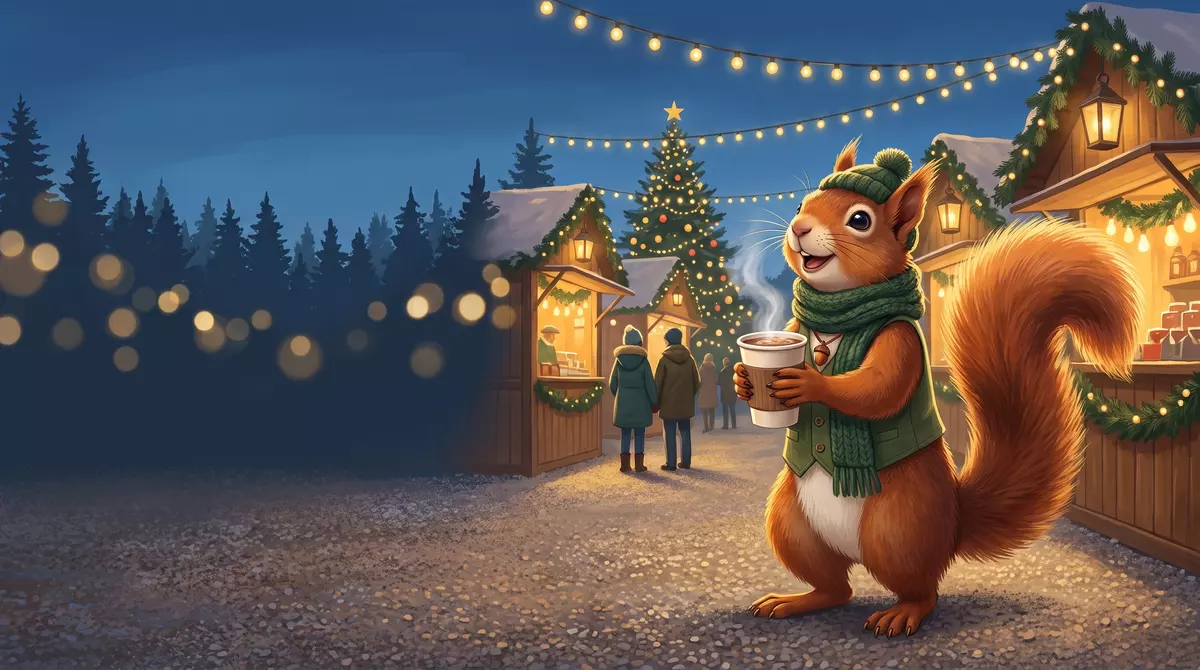 AI-illustratie van Woestie de eekhoorn met groen vest, muts en sjaal en een beker warme chocolademelk op een kerstmarkt met verlichte houten kraampjes en een kerstboom in de schemering