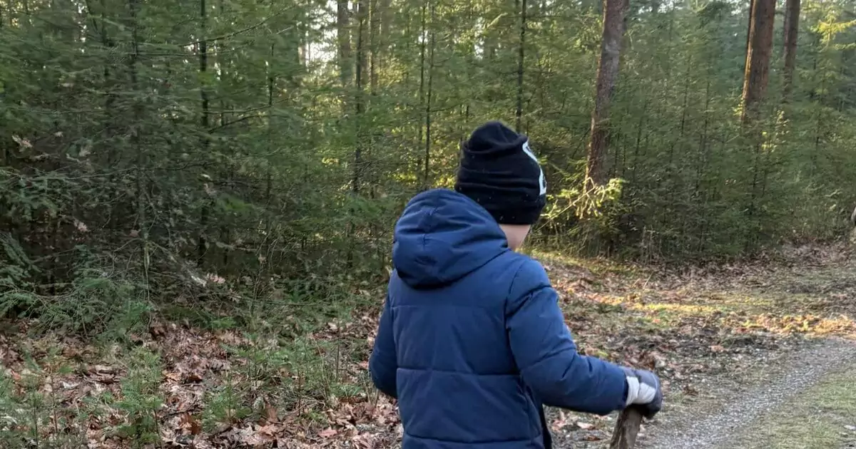 Kind met een wandelstok op een bospad op de Veluwe