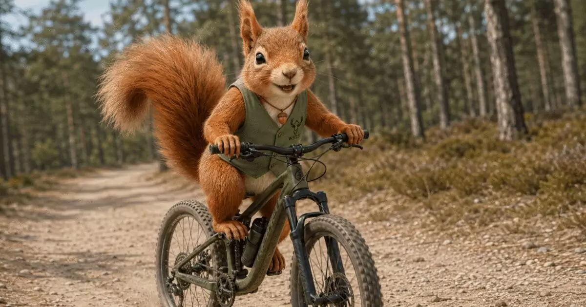 Woestie de eekhoorn op een mountainbike op een zandpad in het bos