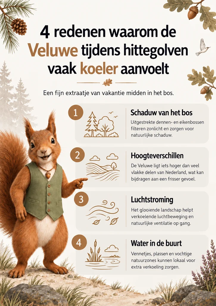 Infographic: 4 redenen waarom de Veluwe tijdens hittegolven vaak koeler aanvoelt: bosdekking, hoogteverschillen, luchtstroming en water in de buurt