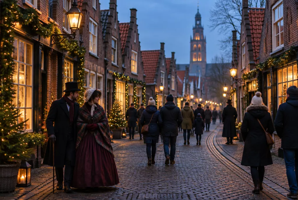 AI-illustratie van een historisch straatje met kerstverlichting en lantaarns, met twee mensen in negentiende-eeuwse kleding tussen het winterpubliek