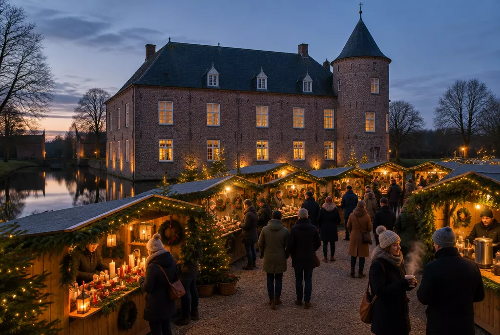 AI-illustratie van een kerstmarkt met verlichte houten kraampjes op het voorplein van een kasteel aan het water, in de schemering