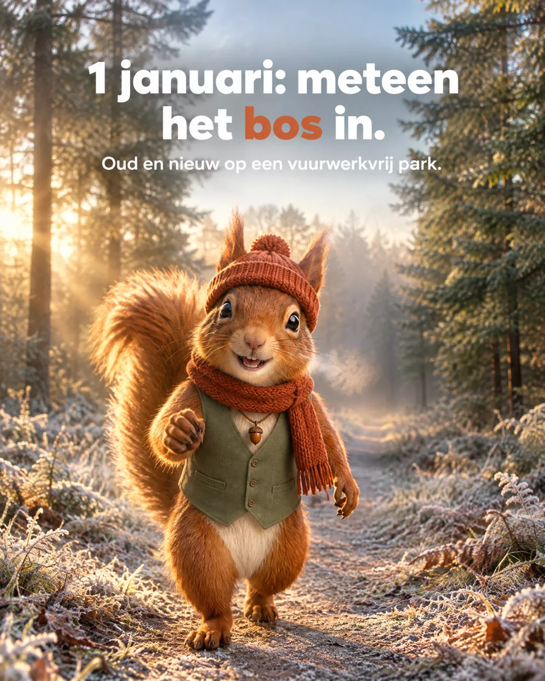 AI-illustratie van Woestie de eekhoorn met muts en sjaal op een berijpt bospad in de ochtendzon, met de tekst 1 januari: meteen het bos in