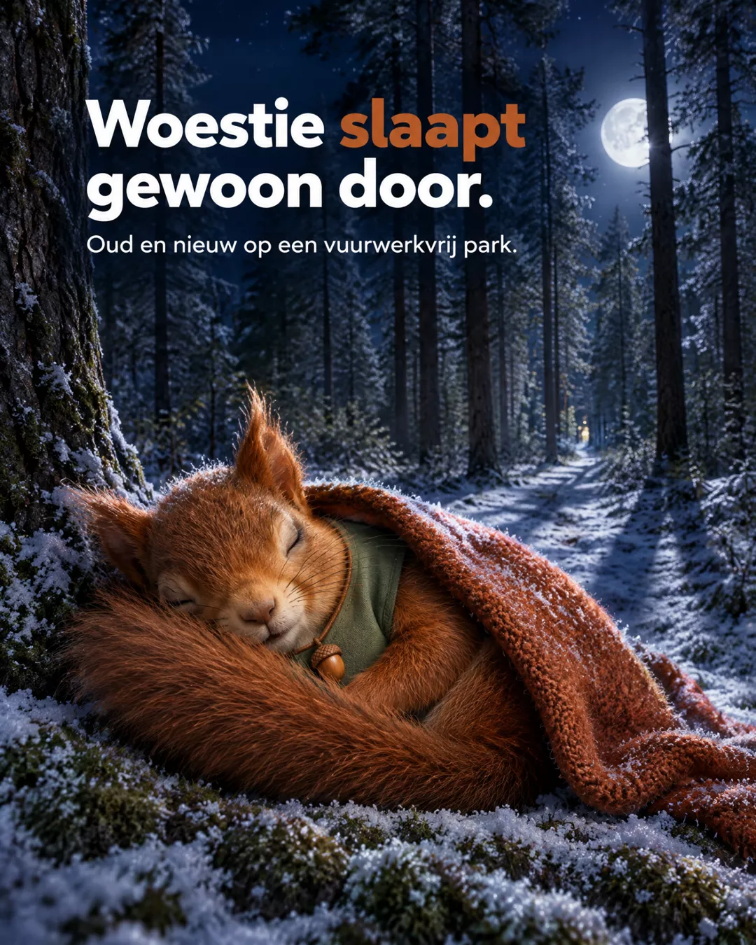 AI-illustratie van Woestie de eekhoorn die onder een oranje deken slaapt in een besneeuwd bos bij maanlicht, met de tekst Woestie slaapt gewoon door