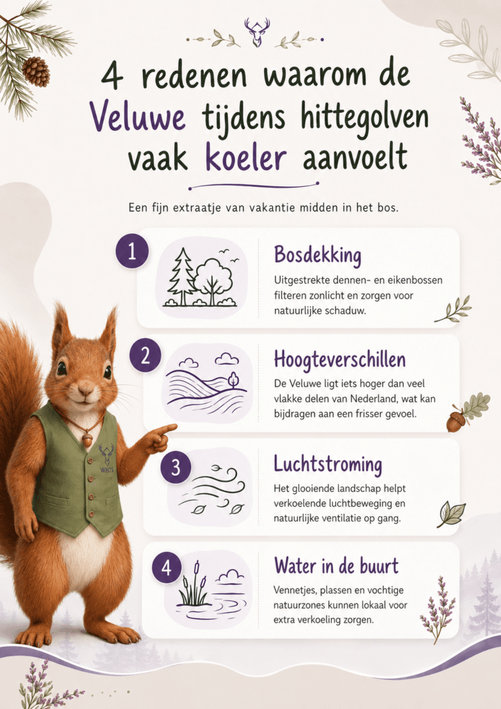 Infographic: 4 redenen waarom de Veluwe tijdens hittegolven vaak koeler aanvoelt: bosdekking, hoogteverschillen, luchtstroming en water in de buurt