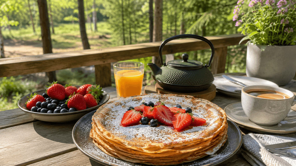Pannenkoeken met aardbeien en bosbessen op een terras aan de bosrand op de Veluwe
