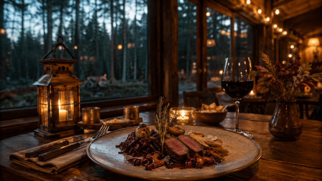 Wildgerecht op een houten tafel in een sfeervol bosrestaurant op de Veluwe