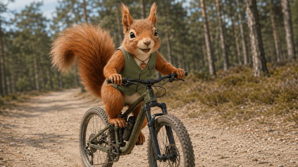 Rode eekhoorn op mountainbike in het Veluwse bos met WH15 vest